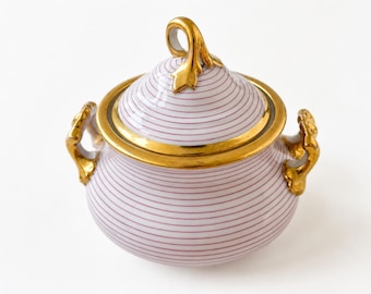 Antique Schlagenwald Porcelain Sugar Bowl, Biedermeier Bohemia, Hand-Painted Red Lines, Gilding