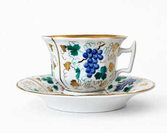 1850 Late Biedermeier Antique Christian Fischer Pirkenhammer Cup and Saucer, Hand-Painted Grapes, Bohemian Porcelain