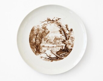 Antique Berlin Porcelain Wall Plate, Hand Painted Sepia Village Landscape, German c.1860-1880