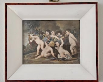 Zabytkowy miniaturowy obraz temperowy według Rubensa, sygnowany przez J.H., oprawiony w ramę, sztuka europejska