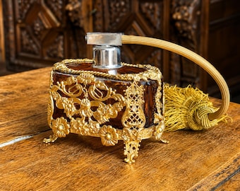 Art Deco Amber Glass Perfume Atomizer | Gilded Ormolu Mounts, Bohemian Vanity Bottle (1930s)