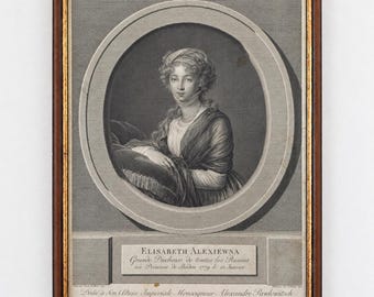 1798 – Elżbieta Aleksiejewna z Rosji Oryginalny miedzioryt, Klauber według Vigée Le Brun, Oprawiony portret Romanowów
