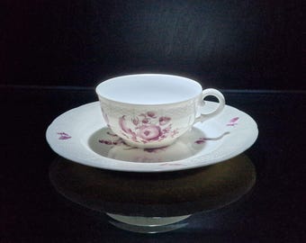1862-1890 Taza y platillo de porcelana antigua de Nymphenburg / Pintado a mano pourpre Camaïeu