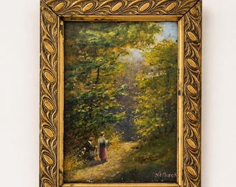 Antique Impressionist Oil Painting, Holbach Signed Autumn Forest Path, Gilt Frame