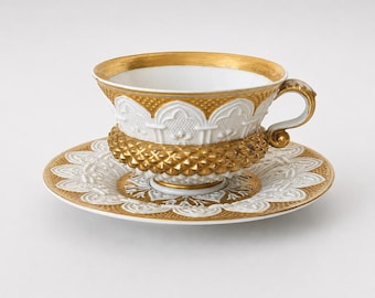 Rare Antique Meissen Neo-Gothic Cup & Saucer c. 1840 – Gilt Relief Porcelain after French Pressed-Glass Models