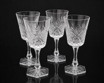 Vintage Bohemian Cut Crystal Wine Glasses – Set of 4 | Czech Crystal Stemware | Hexagonal Foot