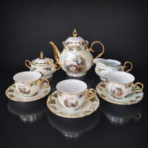 Vintage MZ tschechisches Porzellan-Teeservice, Perlglanz, romantische Szenen, vergoldet