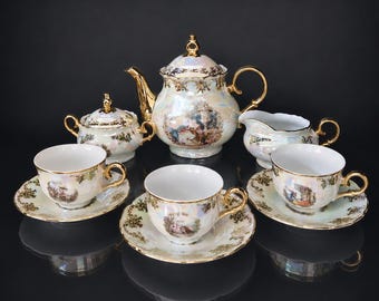 Vintage MZ Czech Porcelain Tea Set, Pearl Lustre Romantic Scenes, Gold Gilded Service
