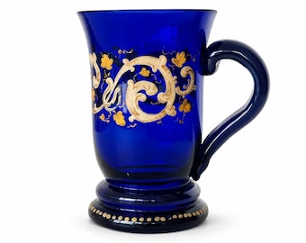 Biedermeier Bohemian Cobalt Blue Glass Mug – Antique Hand-Painted Enamel & Gilt Glass, c. 1850