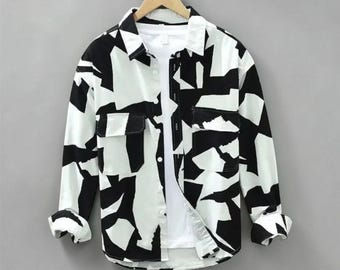 Men's Black White Geometric Print Cotton Shirt, Long Sleeve Streetwear Top
