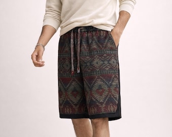 Mens Cotton Linen Shorts, Y2K Vintage Summer Shorts, Loose Fit Knee Length Shorts, Casual Elastic Waist Shorts