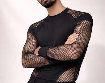 Body de manga larga con retazos de malla para hombre, mono informal ajustado, ropa de estar por casa de punto elástico, mono formal para fiestas de noche.