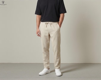 Pantalones de lino y algodón para hombre, pantalones ligeros informales de verano, corte recto y holgado, pantalones deportivos tipo jogger.