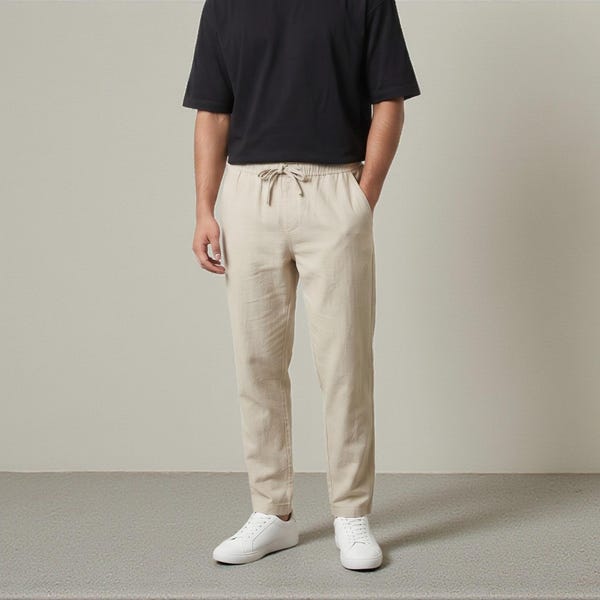 Mens Cotton Linen Trousers, Summer Casual Lightweight Pants,  Straight Fit Baggy Bottoms, Sportswear Joggers
