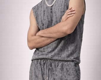 Conjunto de camiseta sin mangas y pantalones cortos para hombre, con textura desgastada, conjunto de verano de dos piezas transpirable e informal.