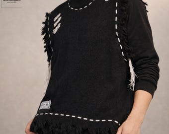 Suéter de punto con flecos para hombre, top informal sin mangas con cuello redondo, jersey de estilo urbano para otoño e invierno, tops vintage estilo Y2K