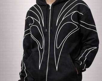 Sudadera con capucha extragrande Y2K para hombre, jersey negro bordado a rayas, sudadera con doble cremallera, sudadera con capucha retro de hip hop, chaqueta estilo punk