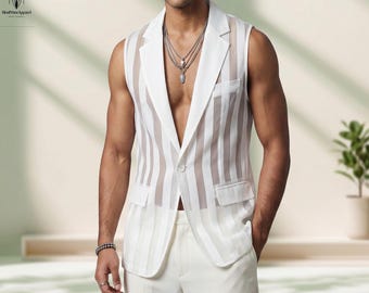 Chaleco de malla para hombre estilo Y2K / Chaleco tipo blazer sin mangas a rayas transparentes / Conjunto urbano de verano para fiestas / Chaleco de moda