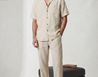 Conjunto de ropa de playa para hombre, mezcla de poliéster, camisa de manga corta y pantalón con cordón ajustable.