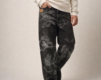 Vaqueros holgados con diseño de ángel Y2K, pantalones retro de algodón de pierna recta, pantalones holgados de estilo urbano, pantalones unisex de hip hop, regalos de San Valentín.