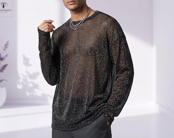 Camisa de malla para hombre estilo Y2K, top de manga larga transparente estilo streetwear, camisa transparente extragrande, conjunto ligero de verano.