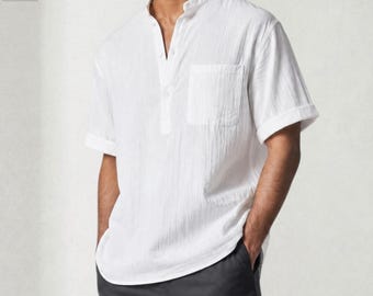 Camisa Henley de algodón y lino para hombre, ligera, ideal para la playa en verano o para un look casual de vacaciones.