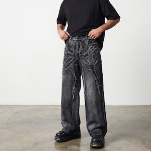 Gothic Spider Embroidered Baggy Jeans, Y2K High Waist Wide Leg Denim Pants