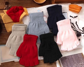 Guantes de punto de medio dedo, cálidos y elásticos, sin dedos, para trabajo, otoño e invierno, deportivos, unisex.
