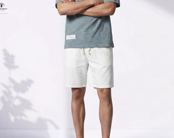 Pantalones cortos de lino y algodón para hombre hasta la rodilla: cintura elástica con cordón ajustable, ideales para estar en casa en verano.