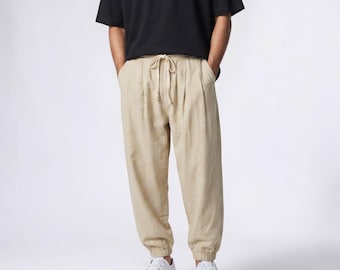 Pantalones harem de algodón y lino para hombre, corte holgado e informal.