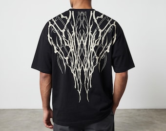 Camiseta de manga larga extragrande con estampado de calavera para hombre / Camiseta estilo streetwear vintage de lavado Y2K / Top de moda alternativa oscura