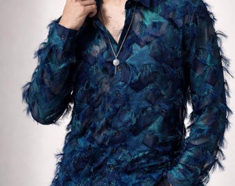 Camisa con borlas transparentes para hombre, informal, con flecos y botones, estilo vintage Y2K, ideal para fiestas de noche, estilo urbano, unisex.