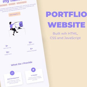 May include: A digital portfolio website template featuring a light purple and white colour scheme. The layout includes a hero section with a professional summary, a project count, and a section titled What Do I Provide with web development and UI design cards.