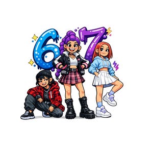 K-pop Huntrix PNG, 6-7 PNG, roliga demonjägarmotiv, digital nedladdning