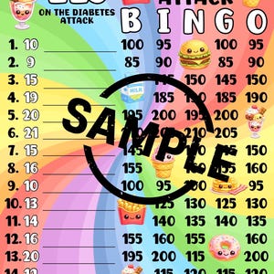 Pode incluir: Um colorido tabuleiro de jogo "Snack Attack Bingo" com ilustrações de comida de desenho animado. O tabuleiro apresenta números, linhas e o texto "225 On The Diabetes Attack". A palavra "Sample" está escrita no centro.