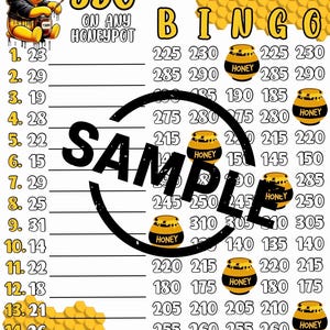 Pode incluir: Uma folha de jogo imprimível "My Honey Pot Bingo" com gráficos de urso de desenho animado e potes de mel. O tabuleiro do jogo inclui números e a palavra "Sample". O texto inclui "350 em qualquer pote de mel".