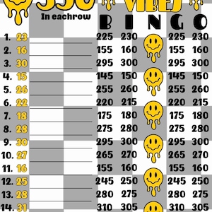 Pode incluir: Um cartão de bingo com um padrão de xadrez, com números e as palavras "GOOD VIBES BINGO". O cartão inclui gráficos de carinhas sorridentes e o texto "350 In each row" e "Byjamiebno found on etsy."