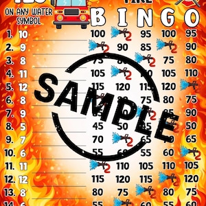 May include: A bingo card with a firefighter theme, featuring a fire engine and a firefighter illustration. The card includes the text "Water the Fire Bingo" and numbers with water hose graphics, set against a fiery backdrop.