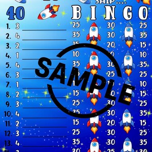 May include: A Rocket Ship Bingo game board with a blue background and white stars. The game board features rocket ship illustrations and numbers. The word "SAMPLE" is across the center. Text at the bottom reads "BYJAMIEBNO FOUND ON ETSY".