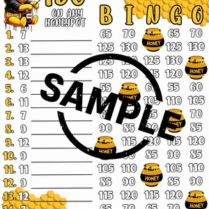 May include: A white bingo card with yellow and black text and graphics. The card features a cartoon bear, honey pots, and the words "My Honey Pot Bingo." The word "Sample" is written across the centre.