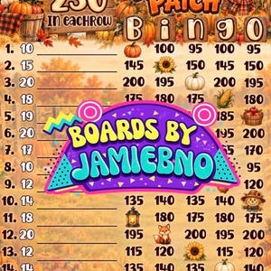 Może przedstawiać: Arkusz do gry Pumpkin Patch Bingo z jesiennym motywem dyni, słoneczników i strachów na wróble. Tekst zawiera 230 in each row, Pumpkin Patch Bingo, Boards by Jamiebno oraz Byjamiebno found on Etsy, z 15 ponumerowanymi rzędami.