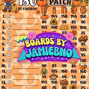 Puede incluir: Una hoja de juego de Bingo Pumpkin Patch con fondo naranja claro de estampado de vaca, ilustraciones otoñales de calabazas, girasoles y balas de heno, filas numeradas y un logotipo central morado que dice BOARDS BY JAMIEBNO.