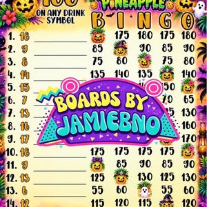 Puede incluir: Un tablero de juego de bingo de piña de Halloween con una cuadrícula de números e ilustraciones de piñas. El centro muestra el texto BOARDS BY JAMIEBNO en morado y verde azulado. El tablero incluye columnas etiquetadas B I N G O y una lista de 15 elementos numerados con líneas en blanco para anotar puntuaciones.