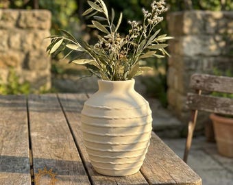 Handmade Ribbed Ceramic Vase, Rustic Wabi Sabi Farmhouse Decor