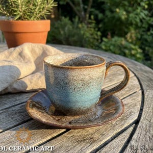 Handmade Ceramic Coffee Cup & Saucer Set, Wabi Sabi Japanese Style