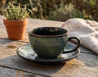 Handmade Gradient Ceramic Coffee Cup and Saucer Set, Artisan Stoneware