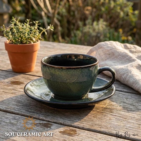 Handmade Gradient Ceramic Coffee Cup and Saucer Set, Artisan Stoneware
