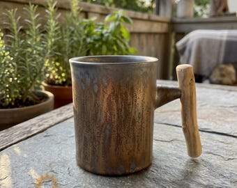 Hand-carved Wooden Handle Ceramic Mug, Rustic Stoneware Wabi-Sabi Pottery Cup