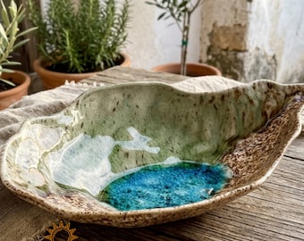 Handcrafted Turquoise Ceramic Bowl, Ocean Blue Wavy Pottery, Coastal Home Decor, Artisan Soup Bowl