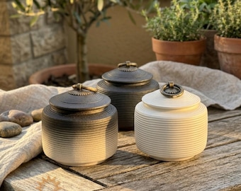 Wabi Sabi Ceramic Jar, Handmade Ribbed Pottery Coffee Tea Caddy, Zen Home Decor